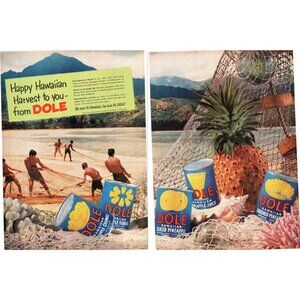 1952 Dole Pineapple Hawaii 2pg Vintage Print Ad Beach Fishermen Net 50s Wall Art